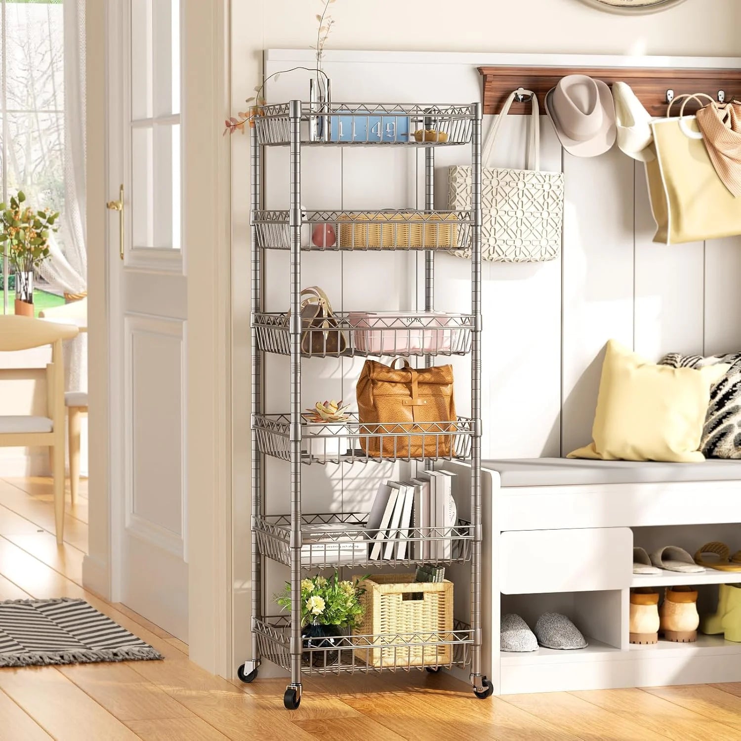 6 Tier Wire Shelving Unit with Wheels Baskets Storage Rack Corner Shelves Adjustable Shelf Closet Bathroom Organizers Metal Pantry Kitchen Garage Laundry Room 13.5" D x 13.5" W x 63" H Silver