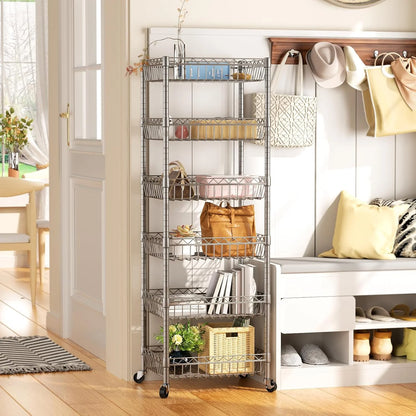 6 Tier Wire Shelving Unit with Wheels Baskets Storage Rack Corner Shelves Adjustable Shelf Closet Bathroom Organizers Metal Pantry Kitchen Garage Laundry Room 13.5" D x 13.5" W x 63" H Silver