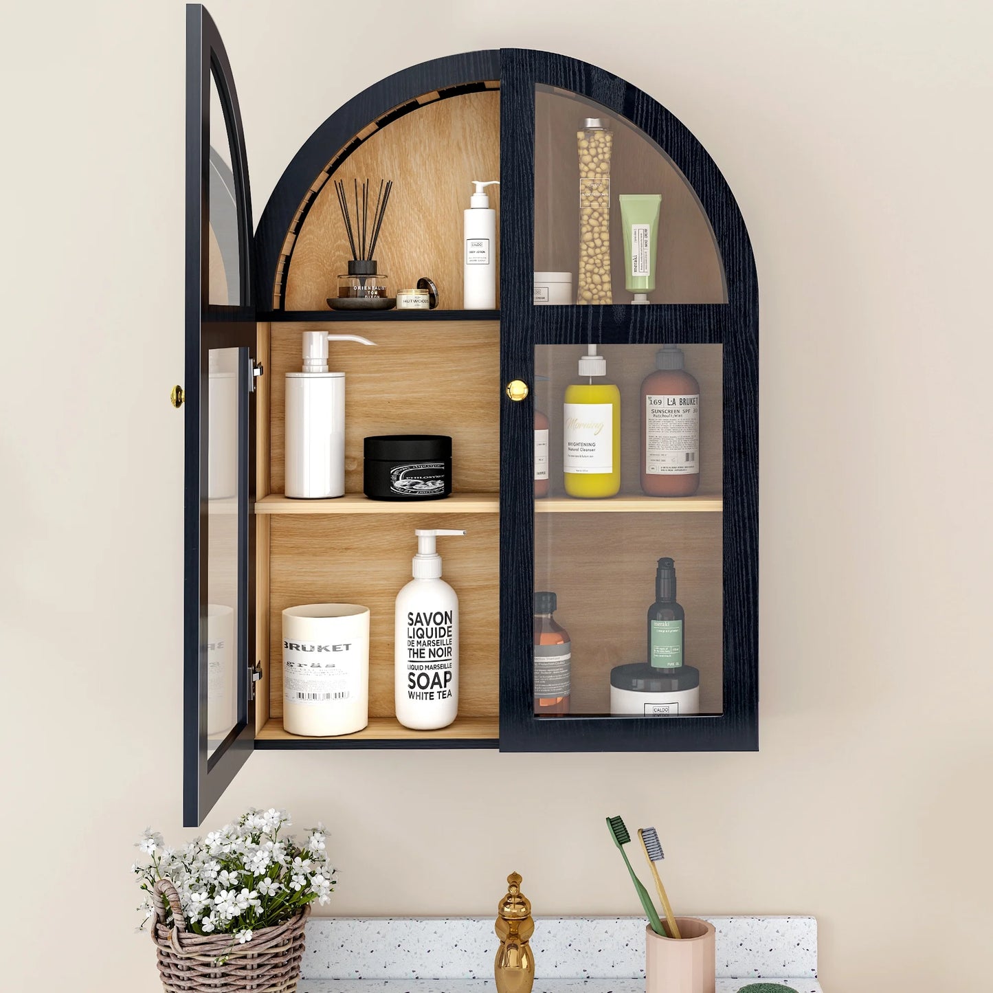 LEFHDA Arched Wall Cabinet with Glass Door, Black Open Storage Cabinet, Hanging Bathroom Shelf, Modern Wall Bathroom Cabinet with Adjustable Shelf Gold Metal Handles