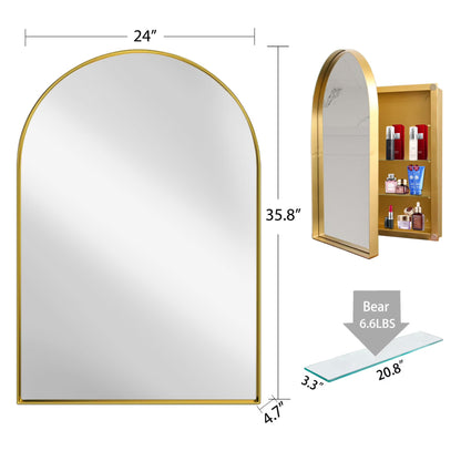 16x24 Inch Bathroom Mirror Cabinet with Adjustable Glass Shelves, Recessed Metal Framed Medicine Cabinet for Storage, Matte Gold