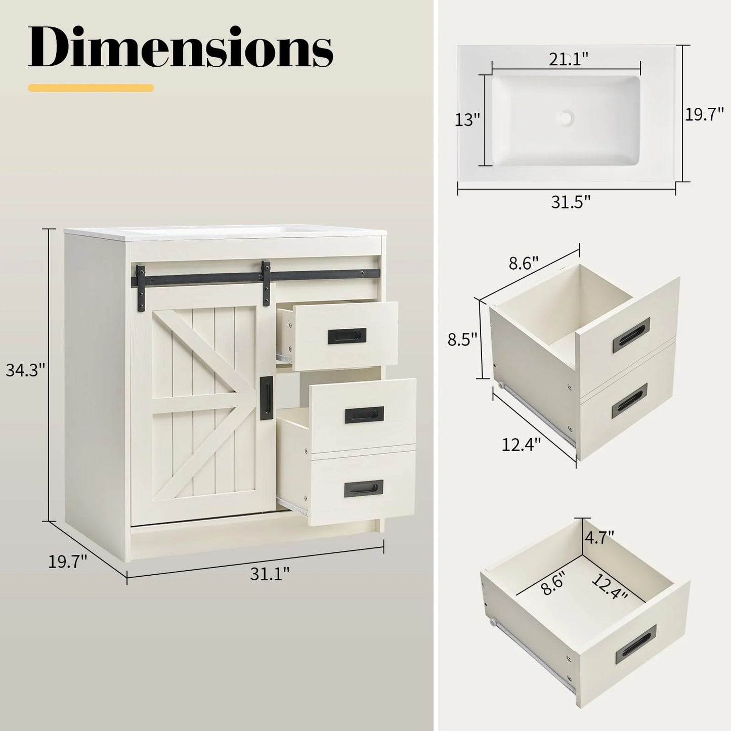 VANACC 31" Farmhouse Sliding Barn Door Bathroom Vanity with Sink Combo, Bathroom Cabinet with Drawers & Metal Handles, Freestanding, Distressed White