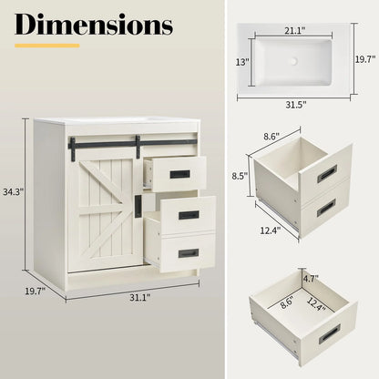 VANACC 31" Farmhouse Sliding Barn Door Bathroom Vanity with Sink Combo, Bathroom Cabinet with Drawers & Metal Handles, Freestanding, Distressed White