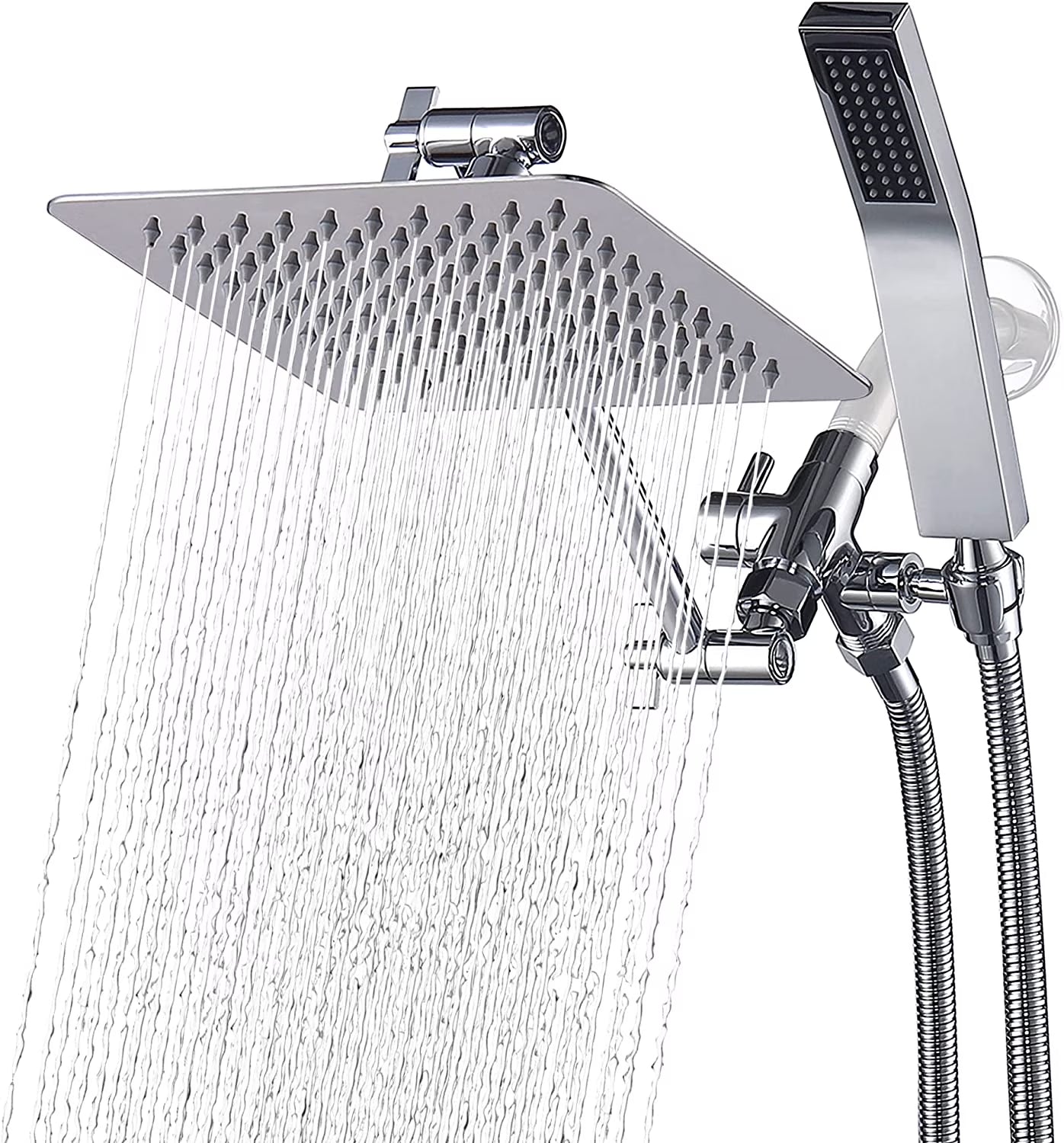 G-Promise All Metal Dual Square Shower Head Combo,8" Rain Shower Head,Handheld Shower Wand with 71" Extra Long Flexible Hose,Smooth 3-Way Diverter,Adjustable Extension Arm - A Bathroom Upgrade Polished Chrome