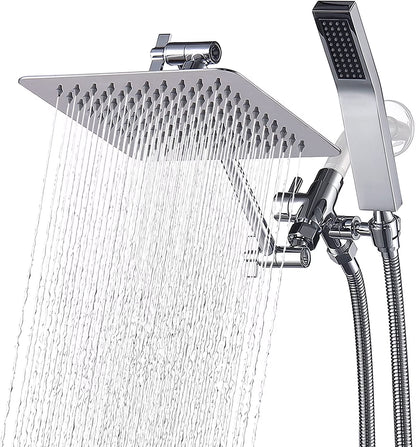 G-Promise All Metal Dual Square Shower Head Combo,8" Rain Shower Head,Handheld Shower Wand with 71" Extra Long Flexible Hose,Smooth 3-Way Diverter,Adjustable Extension Arm - A Bathroom Upgrade Polished Chrome