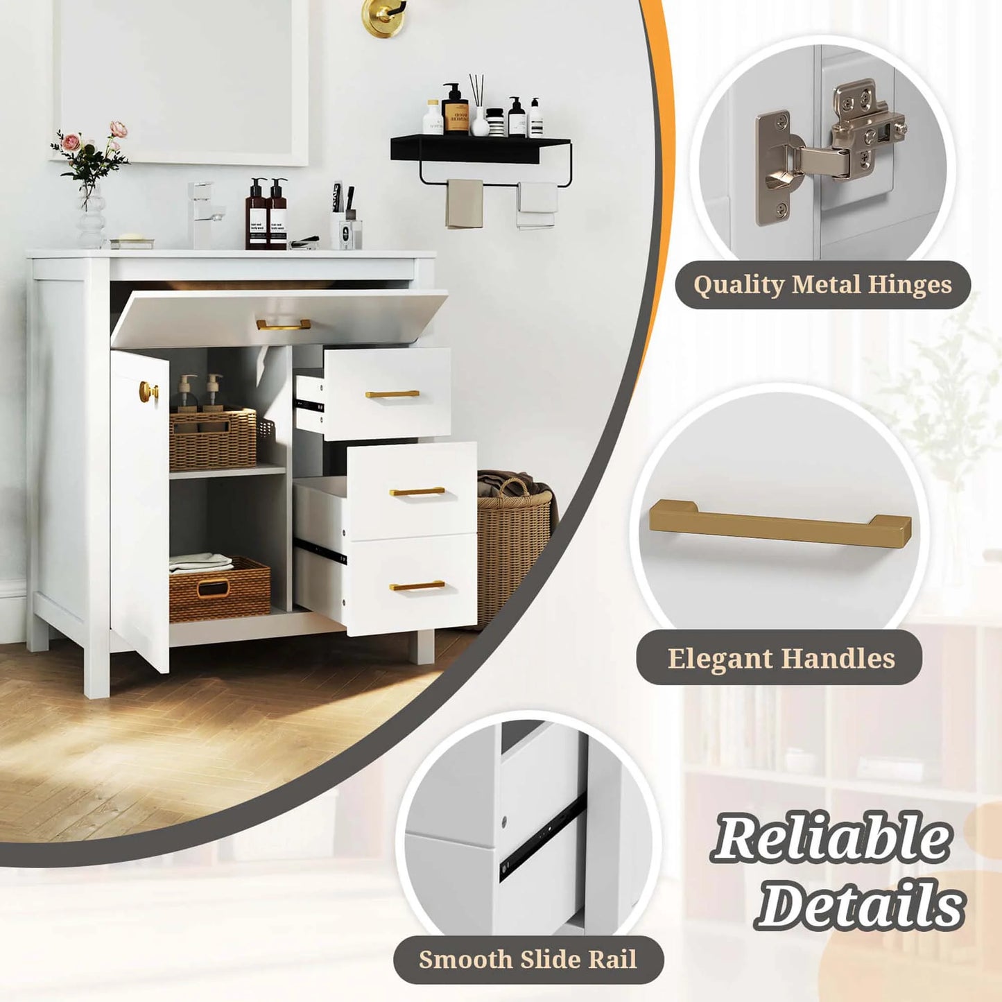 Costway 30" Bathroom Vanity with Sink 2 Drawers 1 Door 1 Flip-out Drawer Solid Wood Legs