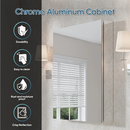 24" x 30" Bi-View Medicine Cabinet with Mirror, Surface Mount or Recessed Mirror Medicine Cabinet for Bathroom, Anodized Chrome Aluminum Frame, Bathroom Mirror Cabinet with Storage Right Open