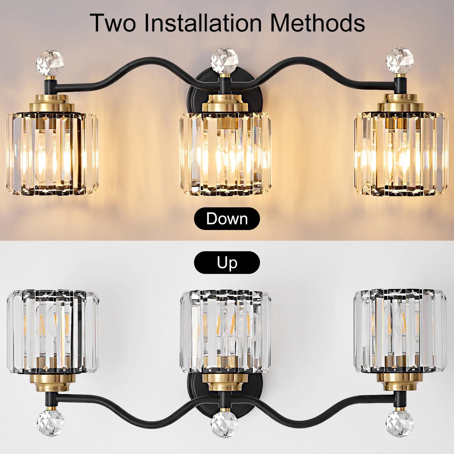 Deyidn 26" Modern 3-Light Black Gold Bathroom Vanity Light - Dimmable Bathroom Transitional Fixture with Crystal Glass Shades