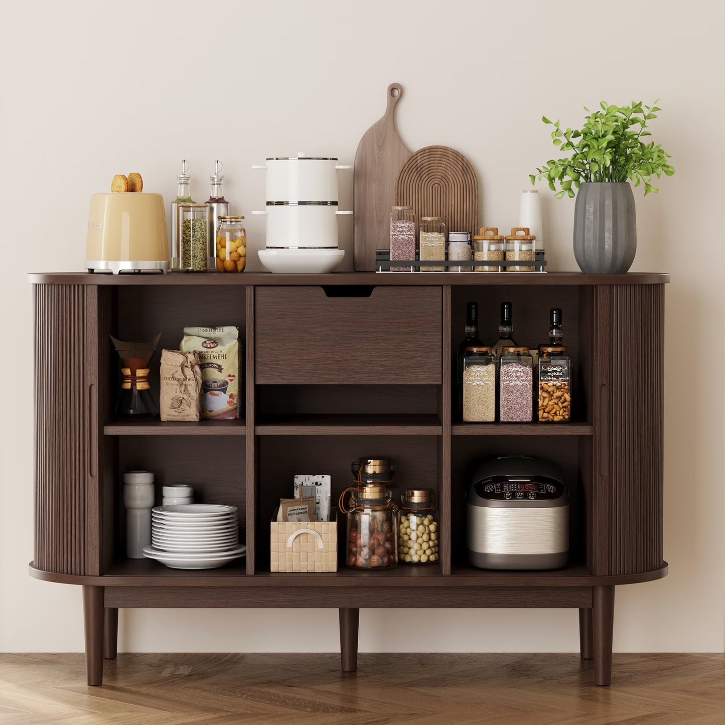 LINSY HOME Fluted Pantry Storage Cabinet, Kitchen Cabinets with Sliding Tambour Door, Wide Storage Cabinet with Removable & Adjustable Shelves for Dining Room, Living Room, Bathroom, Oak