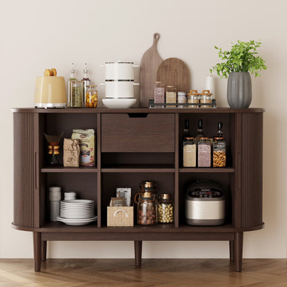 LINSY HOME Fluted Pantry Storage Cabinet, Kitchen Cabinets with Sliding Tambour Door, Wide Storage Cabinet with Removable & Adjustable Shelves for Dining Room, Living Room, Bathroom, Oak
