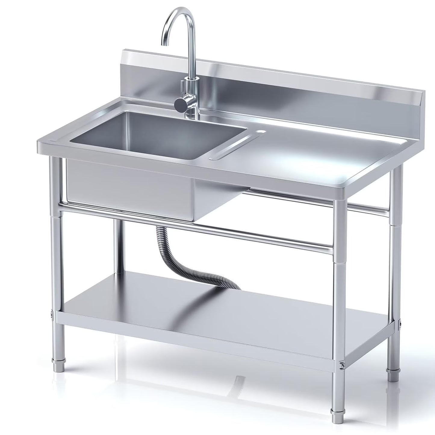 Stainless Steel Utility Sink with Cold and Hot Water Pipes, Free Standing Single Bowl Commercial Kitchen Sink with Workbench,Storage Shelf& Faucet ,For Kitchen,Bathroom,Farmhouse,Indoor,Outdoor