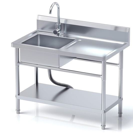 Stainless Steel Utility Sink with Cold and Hot Water Pipes, Free Standing Single Bowl Commercial Kitchen Sink with Workbench,Storage Shelf& Faucet ,For Kitchen,Bathroom,Farmhouse,Indoor,Outdoor