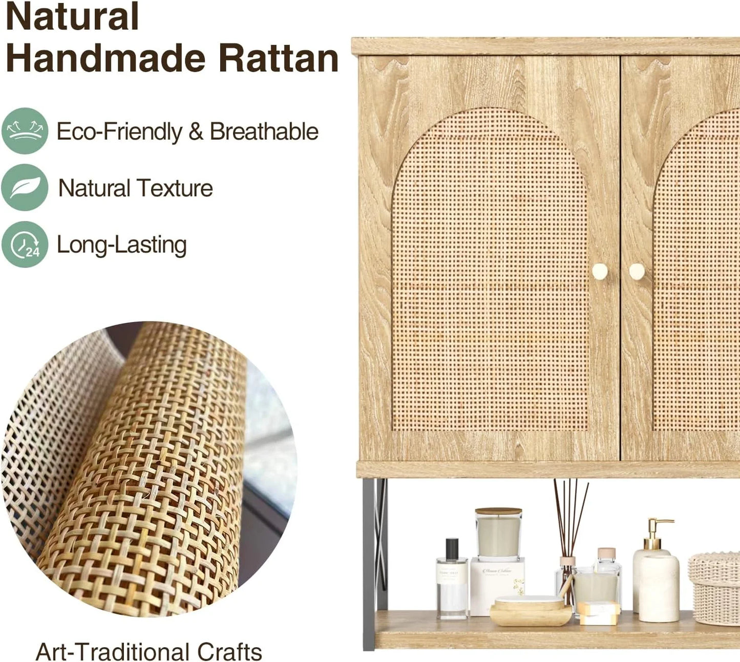 VEANERWOOD Rattan Bathroom Wall Storage Cabinet with Double Doors and Adjustable Shelves, Medicine Wall Storage Cabinet for Kitchen, Toilet, Bathroom