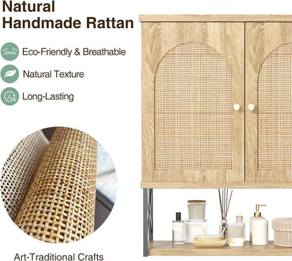 VEANERWOOD Rattan Bathroom Wall Storage Cabinet with Double Doors and Adjustable Shelves, Medicine Wall Storage Cabinet for Kitchen, Toilet, Bathroom