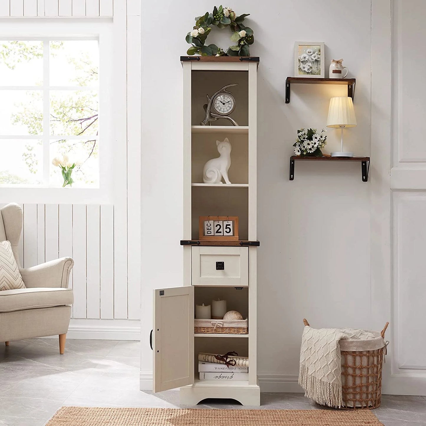 OKD Farmhouse Bathroom Organizers and Storage, Narrow Tall Cabinet Storage Tower with Door and Drawer, Light Rustic Oak