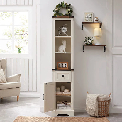 OKD Farmhouse Bathroom Organizers and Storage, Narrow Tall Cabinet Storage Tower with Door and Drawer, Light Rustic Oak