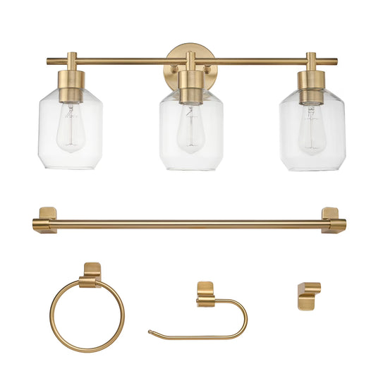 Globe Electric Matte Brass Modern 5-Piece All-In-One Bathroom Set with Vanity Light, LED Bulbs