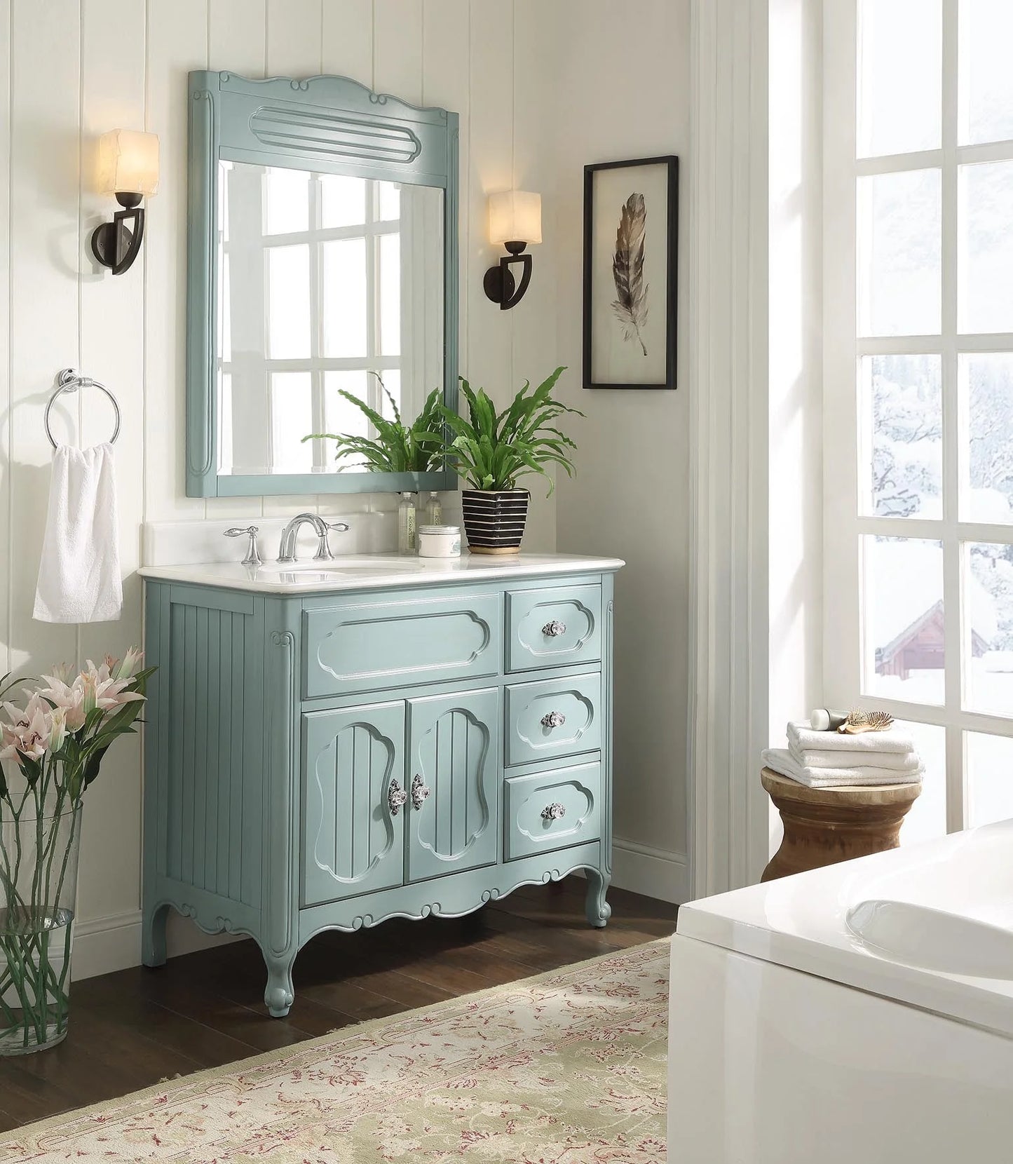 Benton Collection 42" Light Blue Cottage Bathroom Vanity with White Marble Top