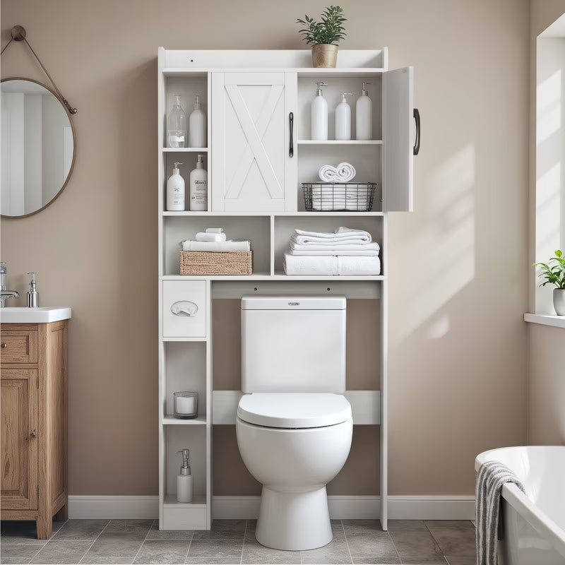 Furmax Farmhouse Style Over The Toilet Storage Cabinet with Barn Doors, Space Saver with Toilet Paper Holder for Bathroom and Restroom, White