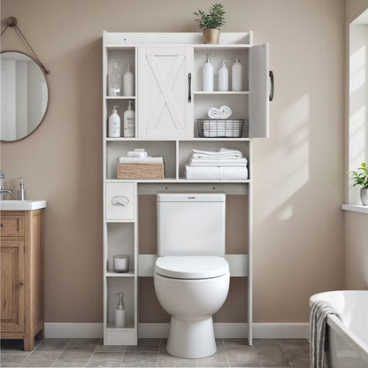 Furmax Farmhouse Style Over The Toilet Storage Cabinet with Barn Doors, Space Saver with Toilet Paper Holder for Bathroom and Restroom, White