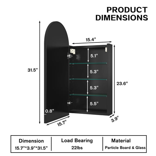 FKWin Arched Bathroom Medicine Cabinet with Mirror - Aluminum Framed Bathroom Mirror with Storage, Black Mirrored Medicine Cabinet, Wall Surface Mounted, 31.4"H x 15.7"W x 3.9"D