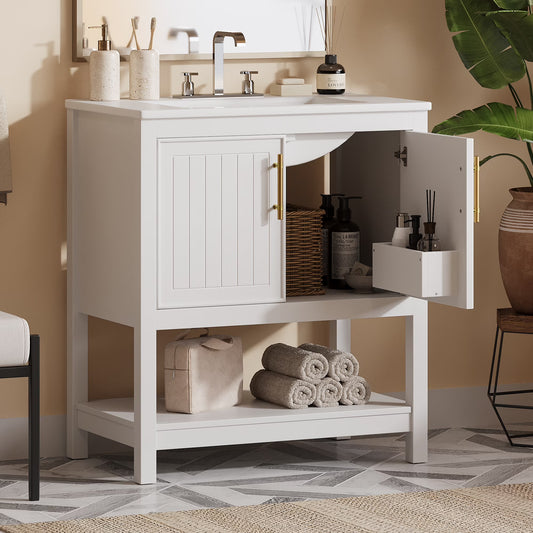 30-Inch White Bathroom Vanity with Ceramic Sink and Versatile Storage - Ideal for Small Bathrooms, White
