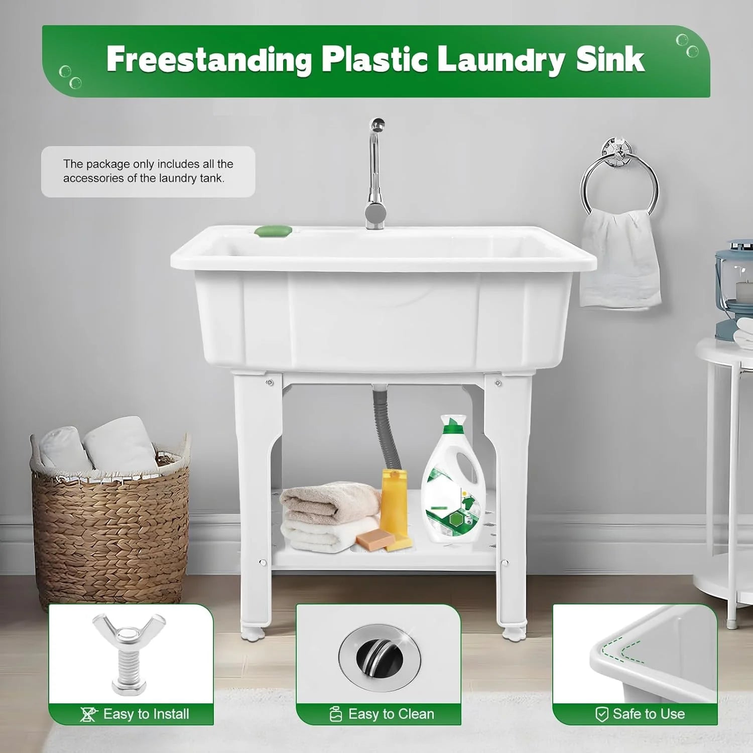 Utility Sink Laundry Tub,Freestanding Plastic Laundry Sink with Washboard, Slop Sink Garage Sink Portable Sink For Laundry Room, Garage, Bathroom, Kitchen (31.5in, White)