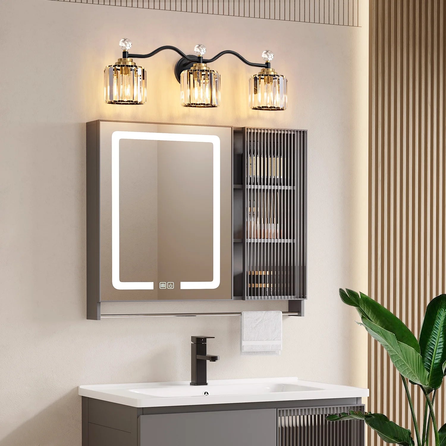 Deyidn 26" Modern 3-Light Black Gold Bathroom Vanity Light - Dimmable Bathroom Transitional Fixture with Crystal Glass Shades