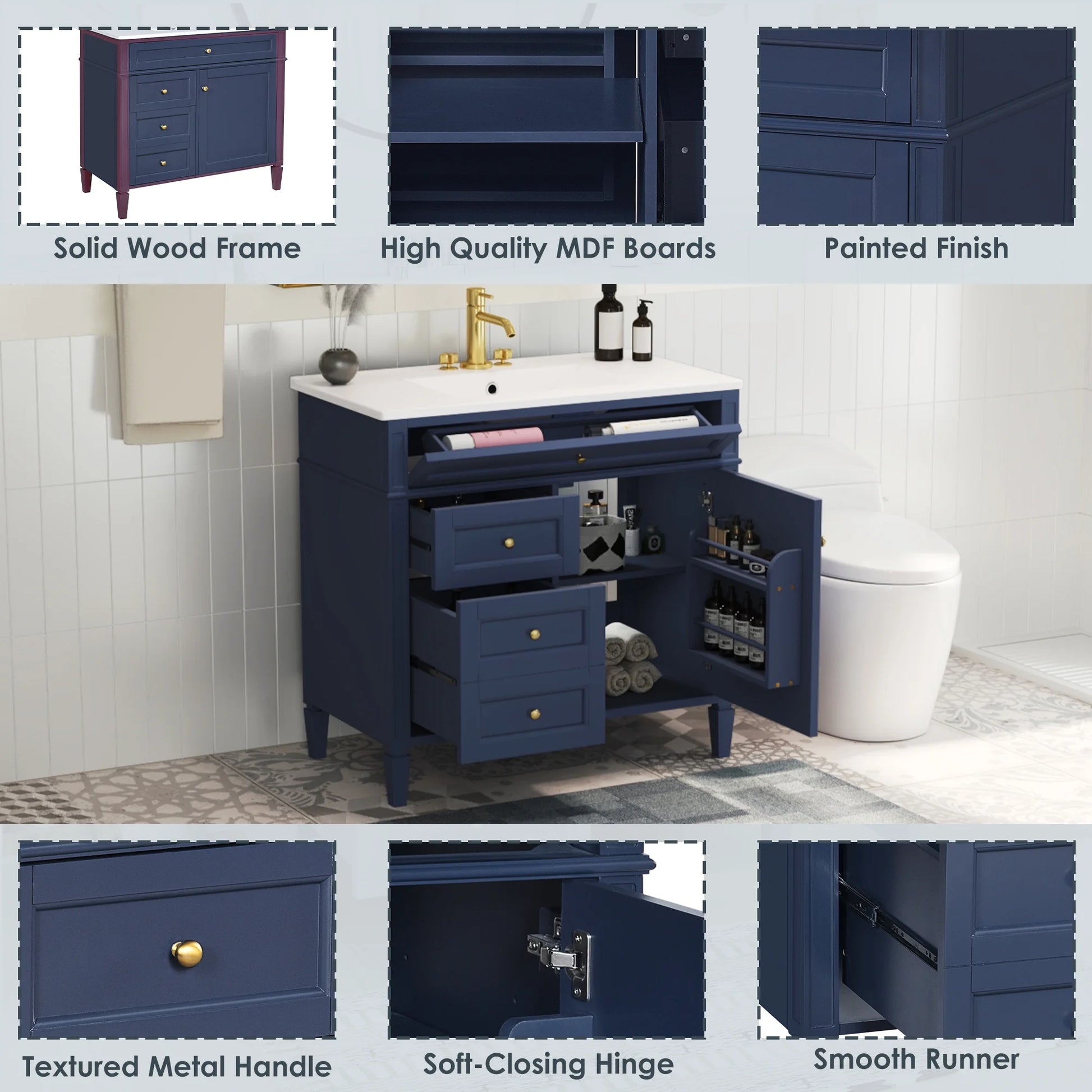 EUROCO 36'' Bathroom Vanity with Sink, Modern Bathroom Storage Cabinet with 2 Drawers and a Tip-out Drawer, Freestanding Bathroom Dresser, Blue