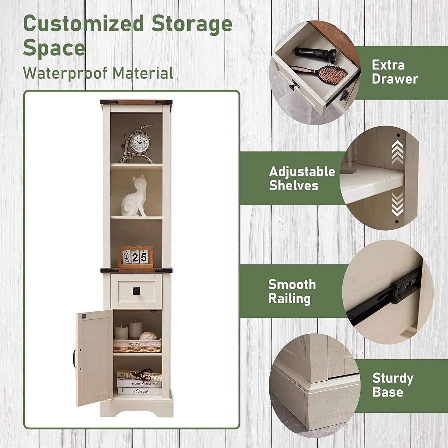 OKD Farmhouse Bathroom Organizers and Storage, Narrow Tall Cabinet Storage Tower with Door and Drawer, Light Rustic Oak