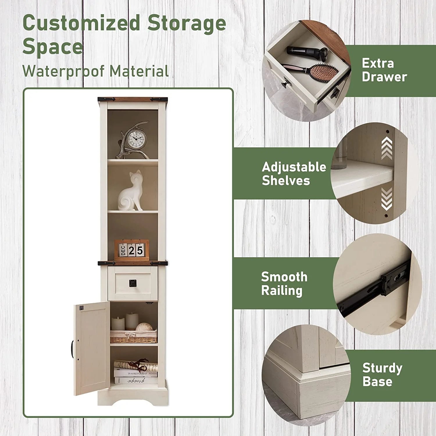 OKD Farmhouse Bathroom Organizers and Storage, Narrow Tall Cabinet Storage Tower with Door and Drawer, Light Rustic Oak