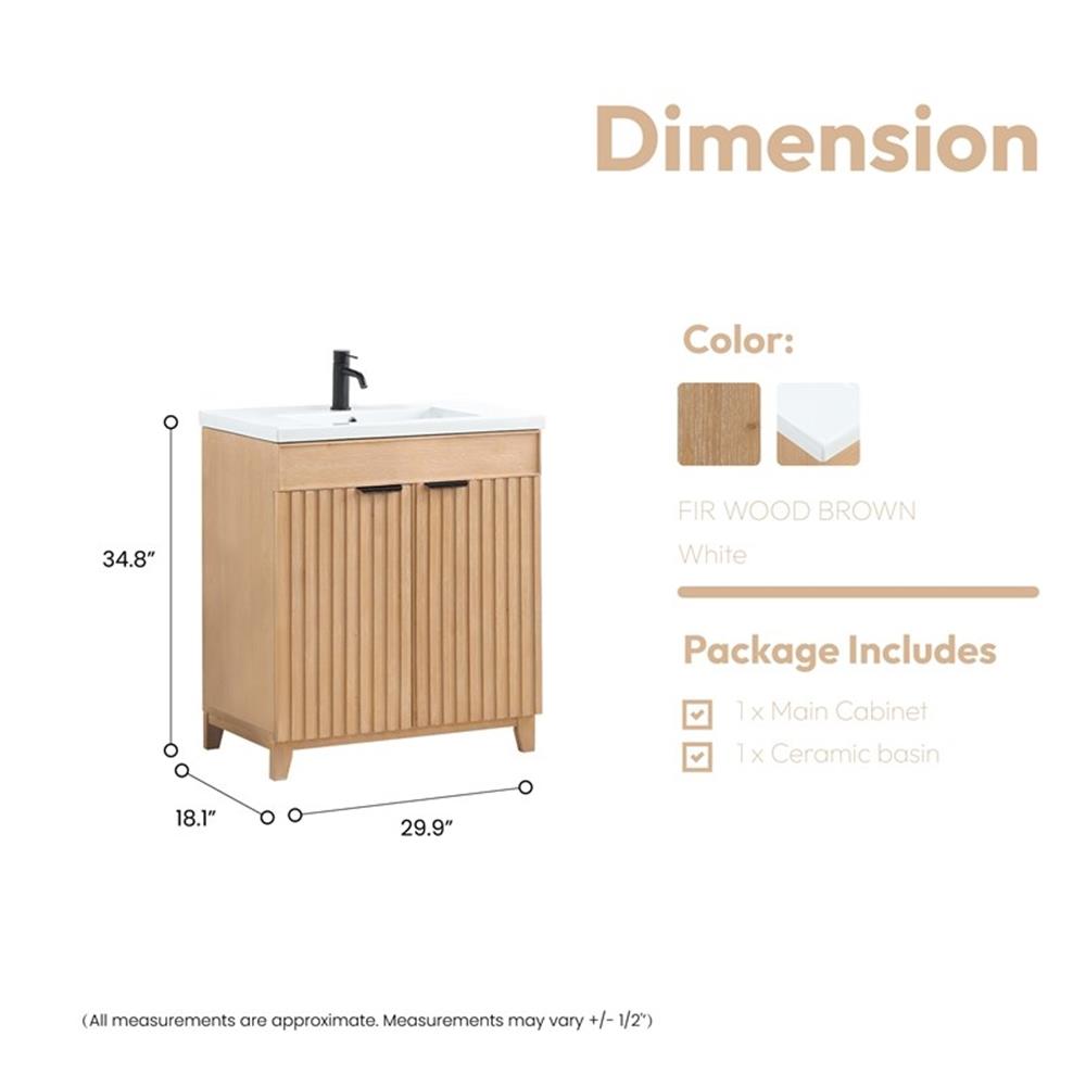Palos 30" Single Bath Vanity in Fir Wood Brown with Drop-In White Ceramic Basin