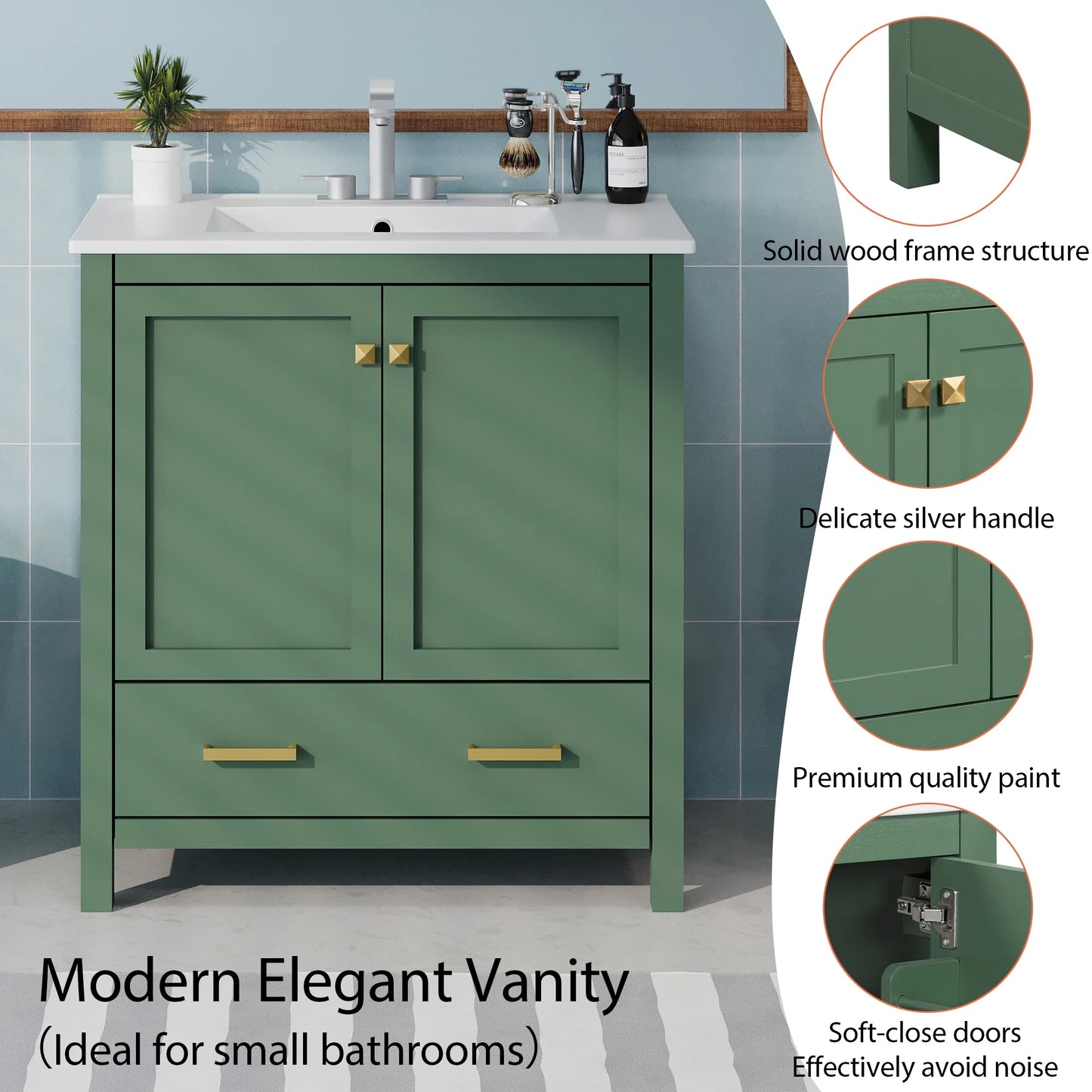 Harper & Bright Designs 30" Bathroom Vanity with Sink Combo, Bathroom Cabinet with Ceramic Top, Multifunctional Storage Doors and Drawer, Green