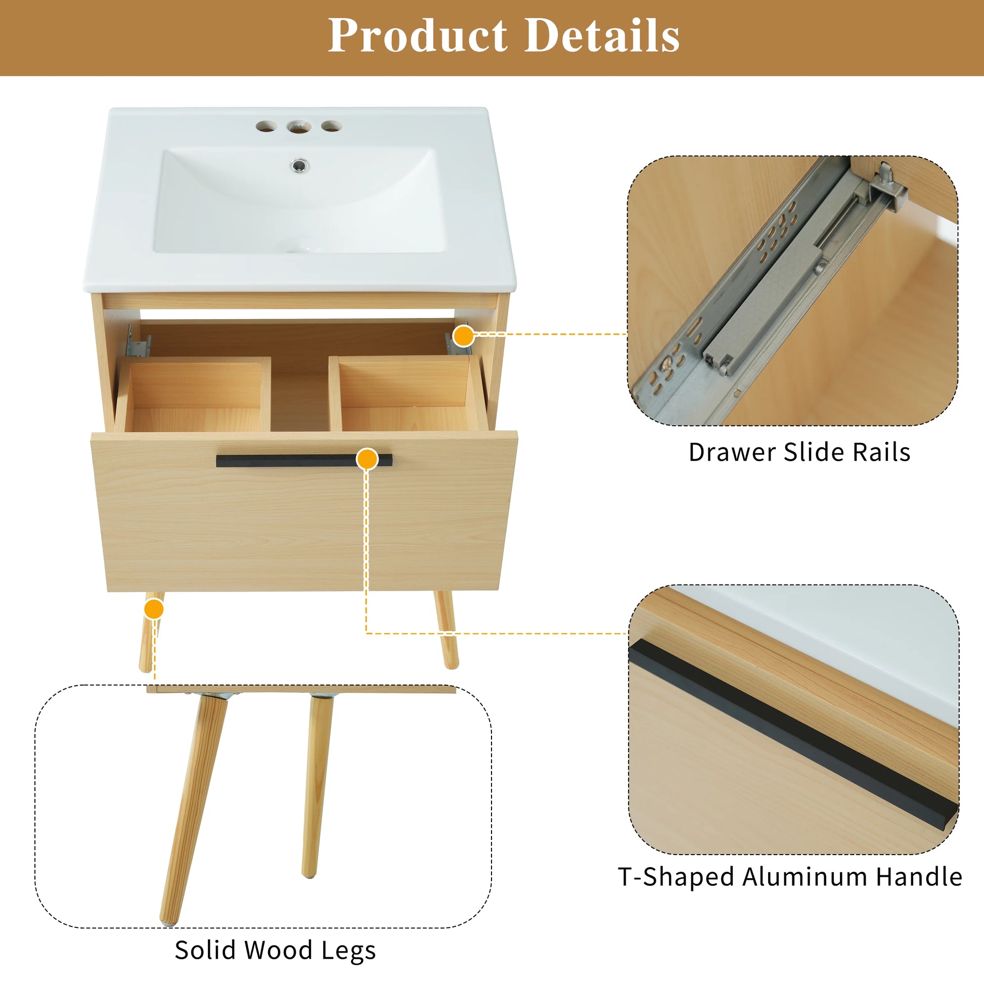 Harper & Bright Designs 24" Bathroom Vanity with Sink Set, Bathroom Vanity Cabinet with Ceramic Top and Drawer, Natural