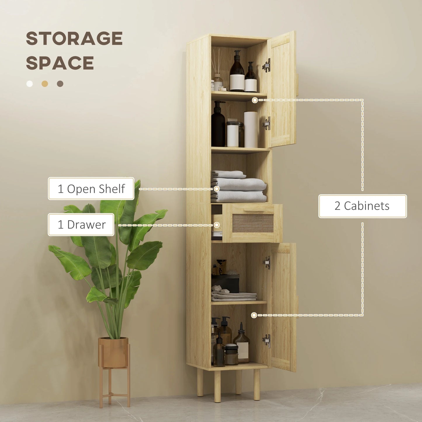 HOMCOM Tall Bathroom Storage Cabinet with Rattan Doors, Distressed Oak