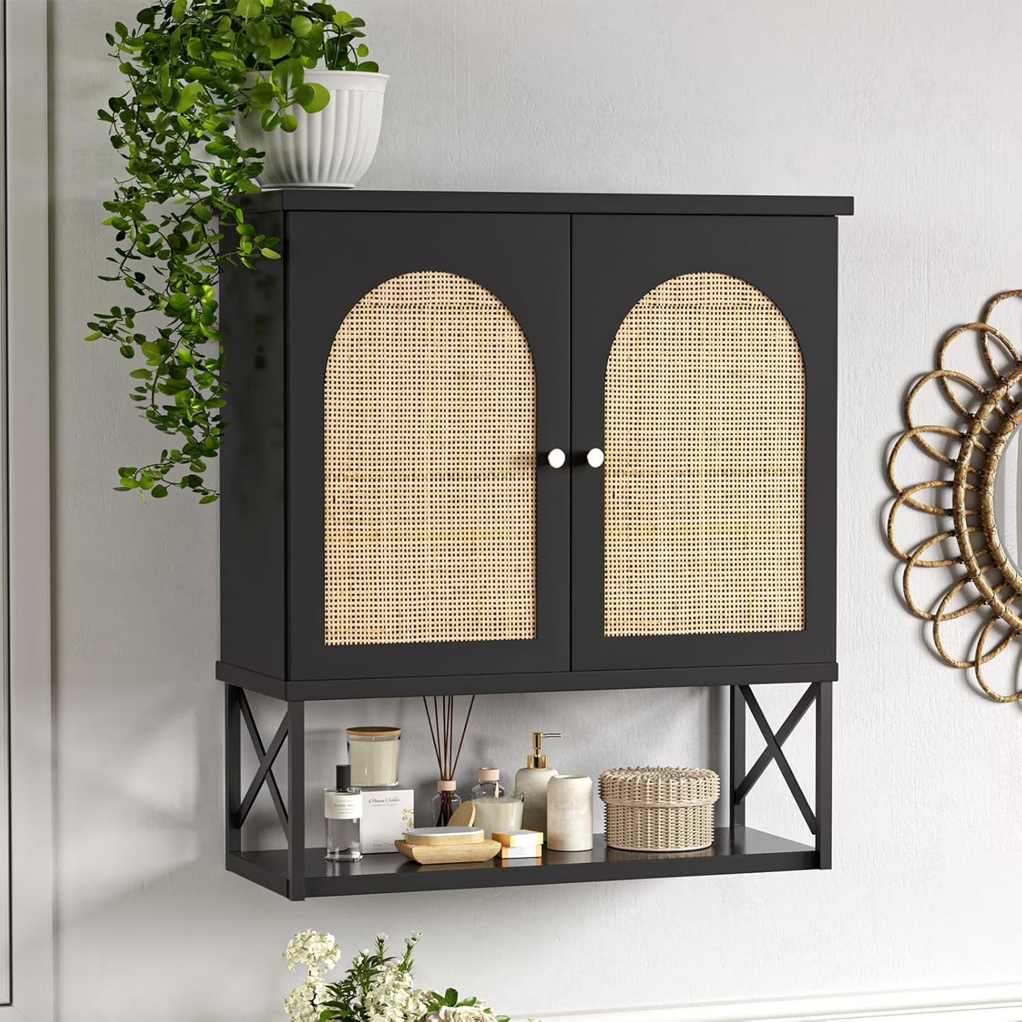 VEANERWOOD Rattan Bathroom Wall Storage Cabinet with Double Doors and Adjustable Shelves, Medicine Wall Storage Cabinet for Kitchen, Toilet, Bathroom