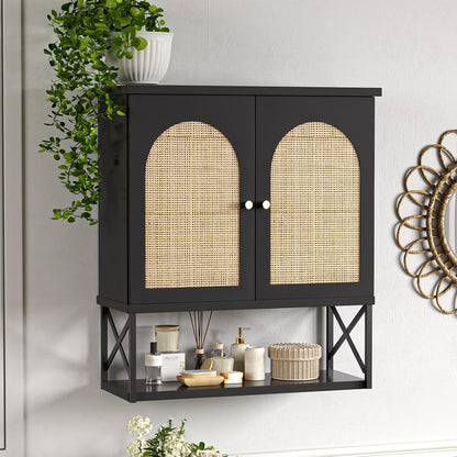 VEANERWOOD Rattan Bathroom Wall Storage Cabinet with Double Doors and Adjustable Shelves, Medicine Wall Storage Cabinet for Kitchen, Toilet, Bathroom