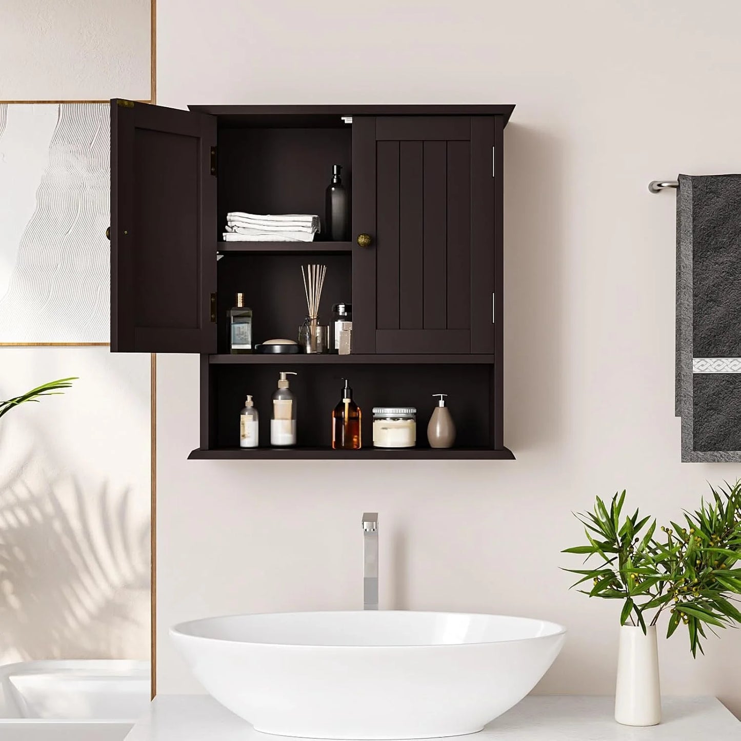 Brown Bathroom Cabinet Wall Mounted, Small Bathroom Medicine Cabinet with 2 Door Adjustable Shelves, Bathroom Wall Cabinet Over Toilet for Laundry Room Kitchen
