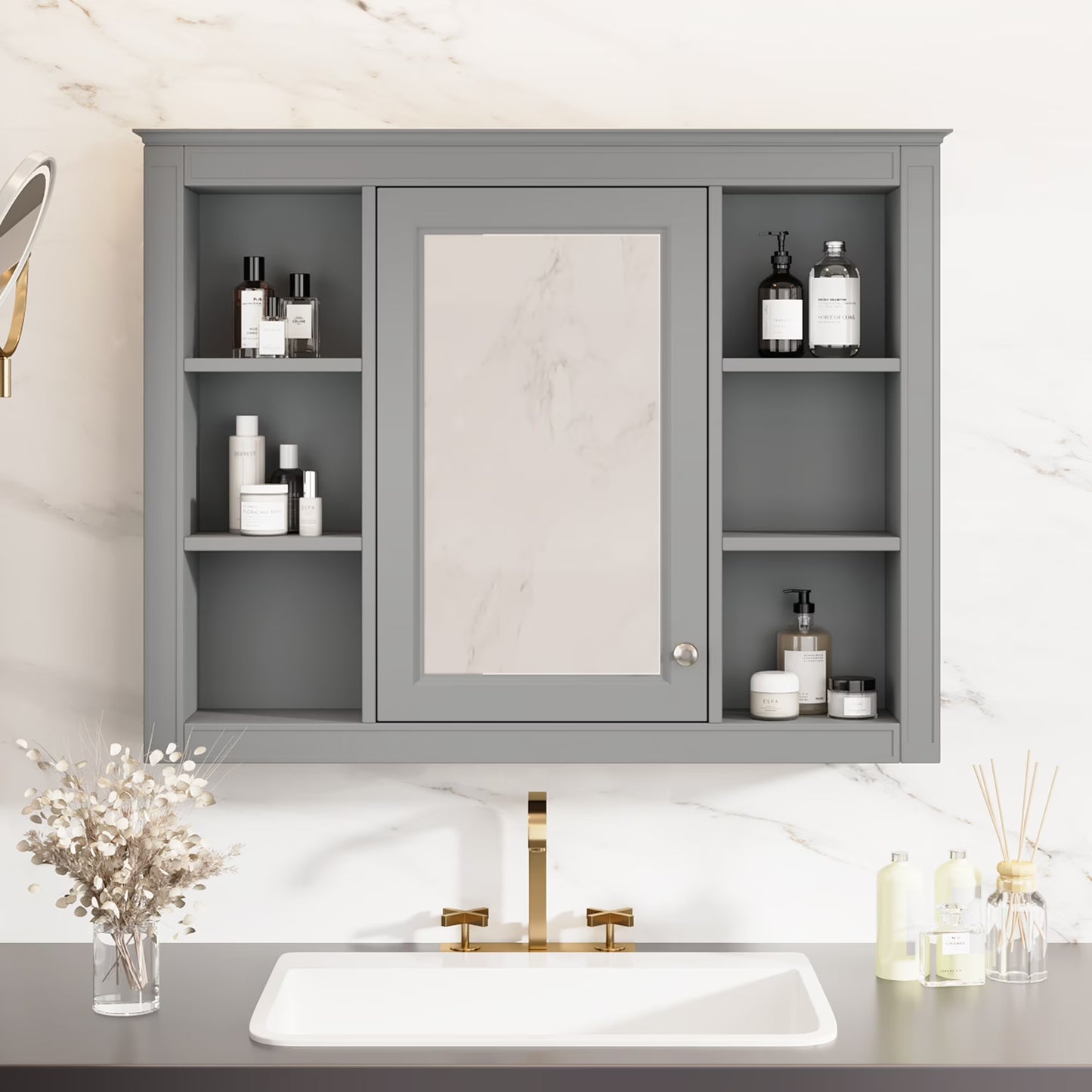 Euroco Wall Mounted Bathroom Mirror Cabinet �?Triple Door Vanity Storage with Concealed Shelves, Modern Design, Durable Construction, Easy Assembly
