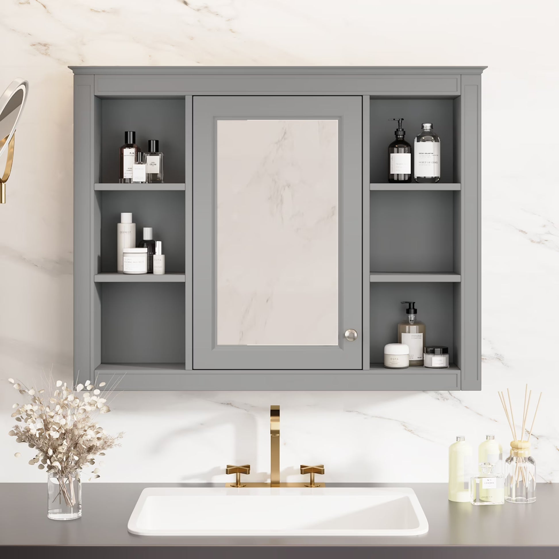 Euroco Wall Mounted Bathroom Mirror Cabinet �?Triple Door Vanity Storage with Concealed Shelves, Modern Design, Durable Construction, Easy Assembly