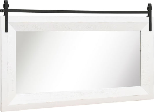 ALBAD Farmhouse Wood Framed Wall Mirror, Natural Wood and Framed Wall Mounted Bathroom Vanity Mirror for Farmhouse Decor, Vertical or Horizontal Hanging