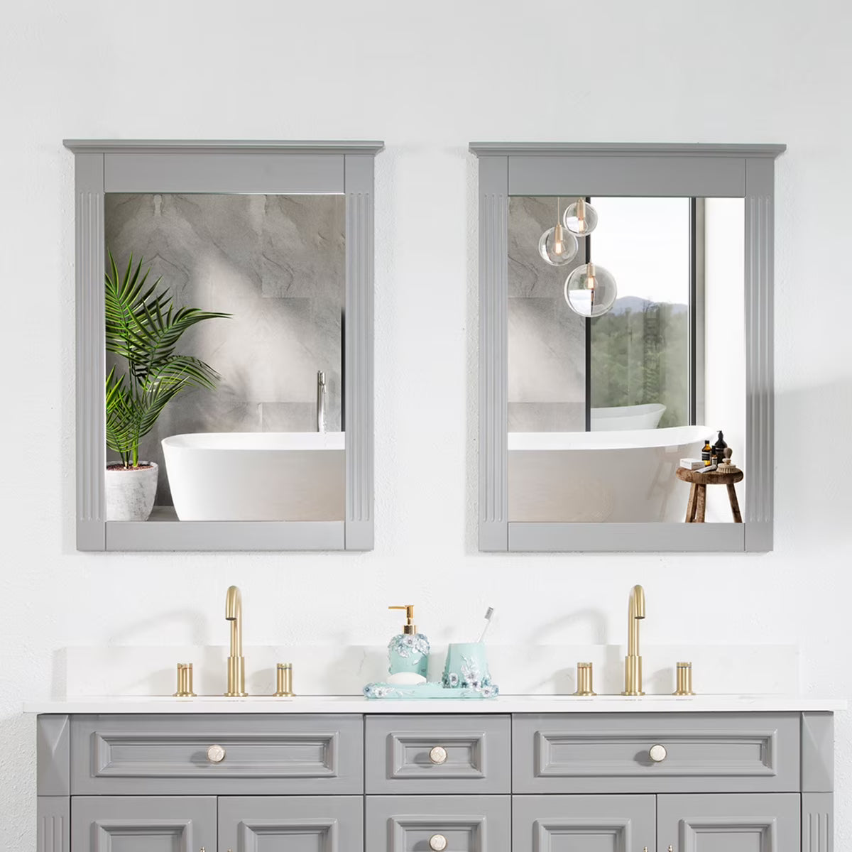 Forclover 33" x 26" 2 PCS Rectangle Wall-Mounted Vanity Mirror, Solid Wooden Framed Makeup Mirror, Bathroom Wall Mirror Apply to Bathroom Living Room Entryway, White
