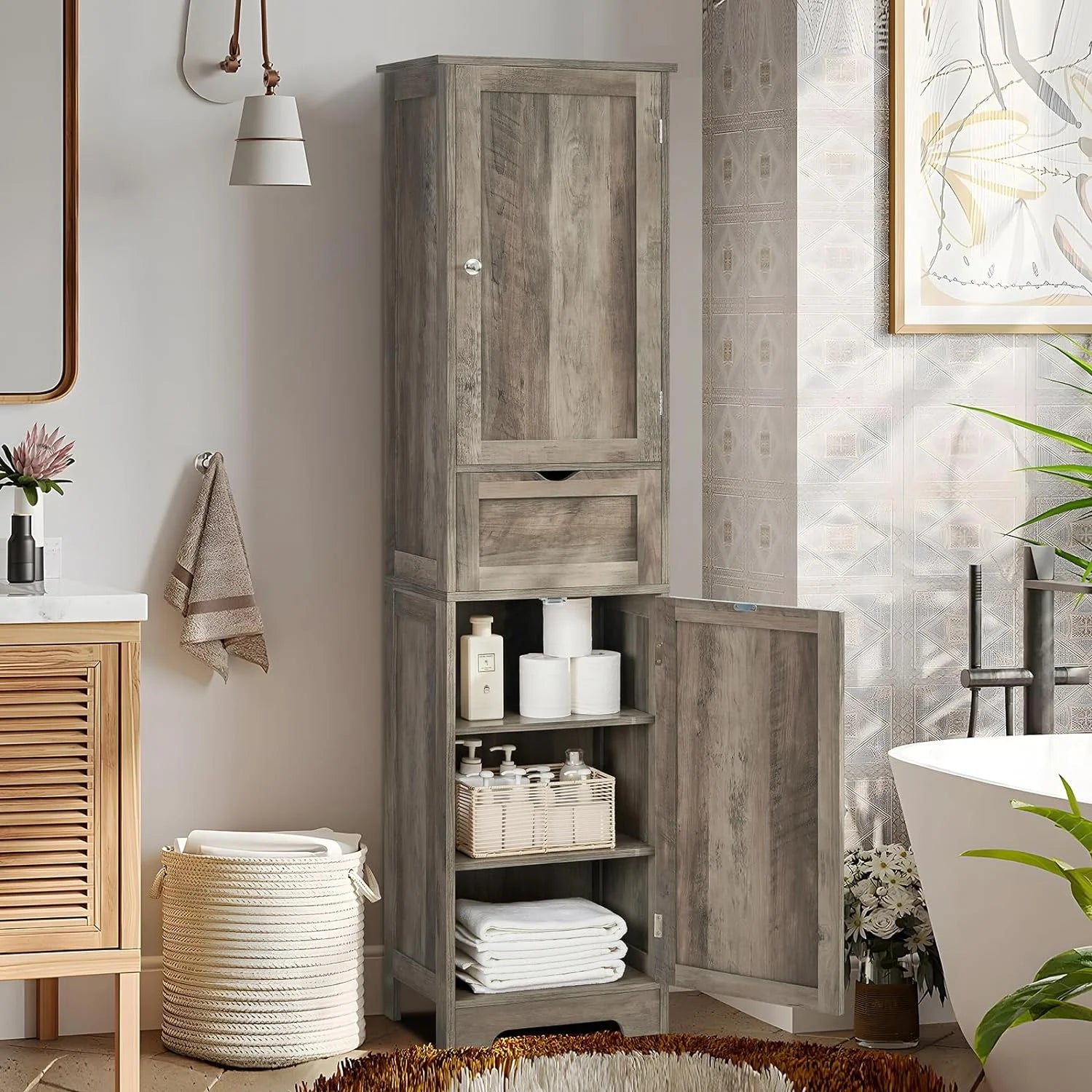 67" Tall Storage Cabinet, Bathroom Cabinet with Drawer & Adjustable Shelves, Narrow Storage Cabinet, Floor Cabinet for Living Room, Home Office, Rustic Oak