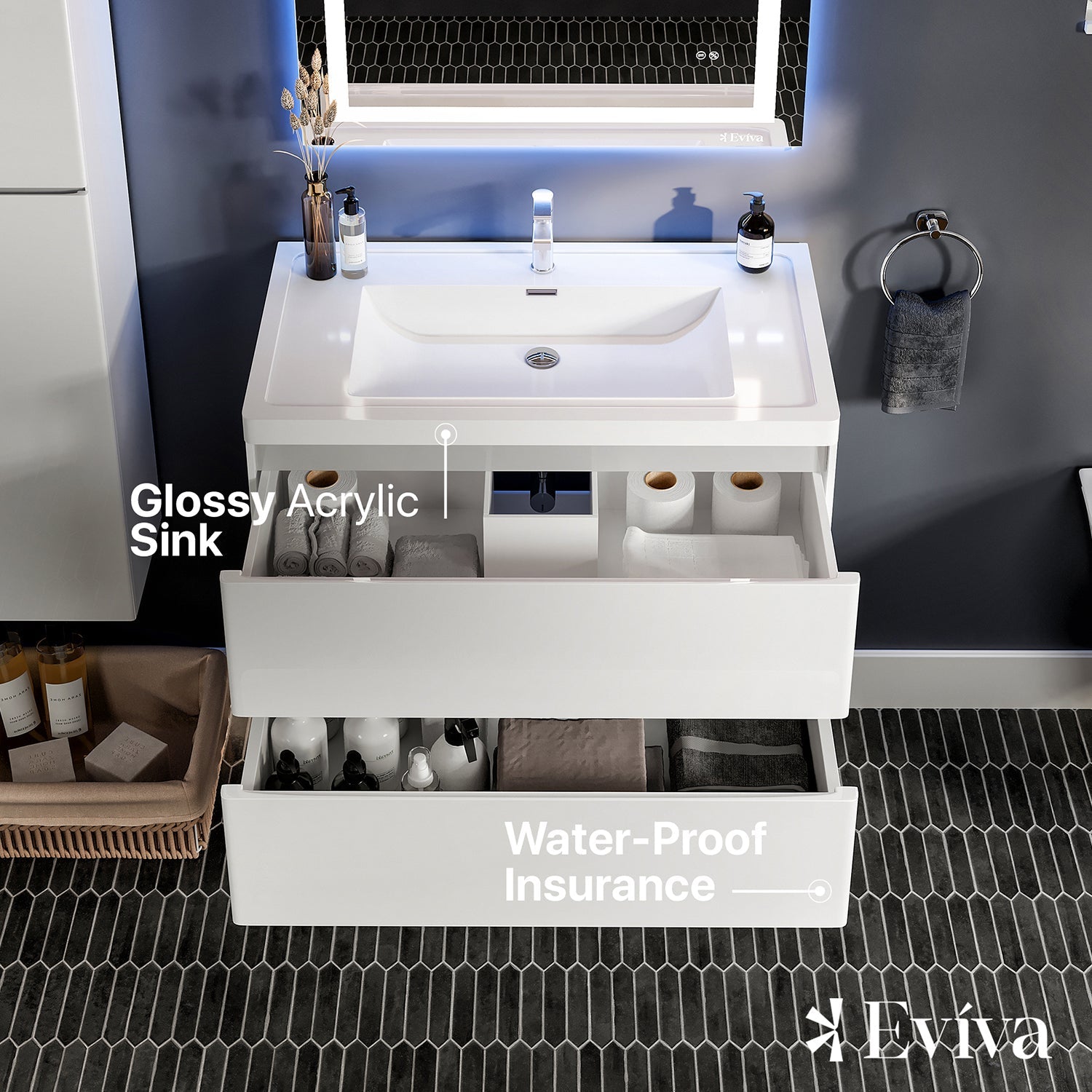 Eviva Glazzy 36" Wall Mount Modern Bathroom Vanity (High Glossy White)