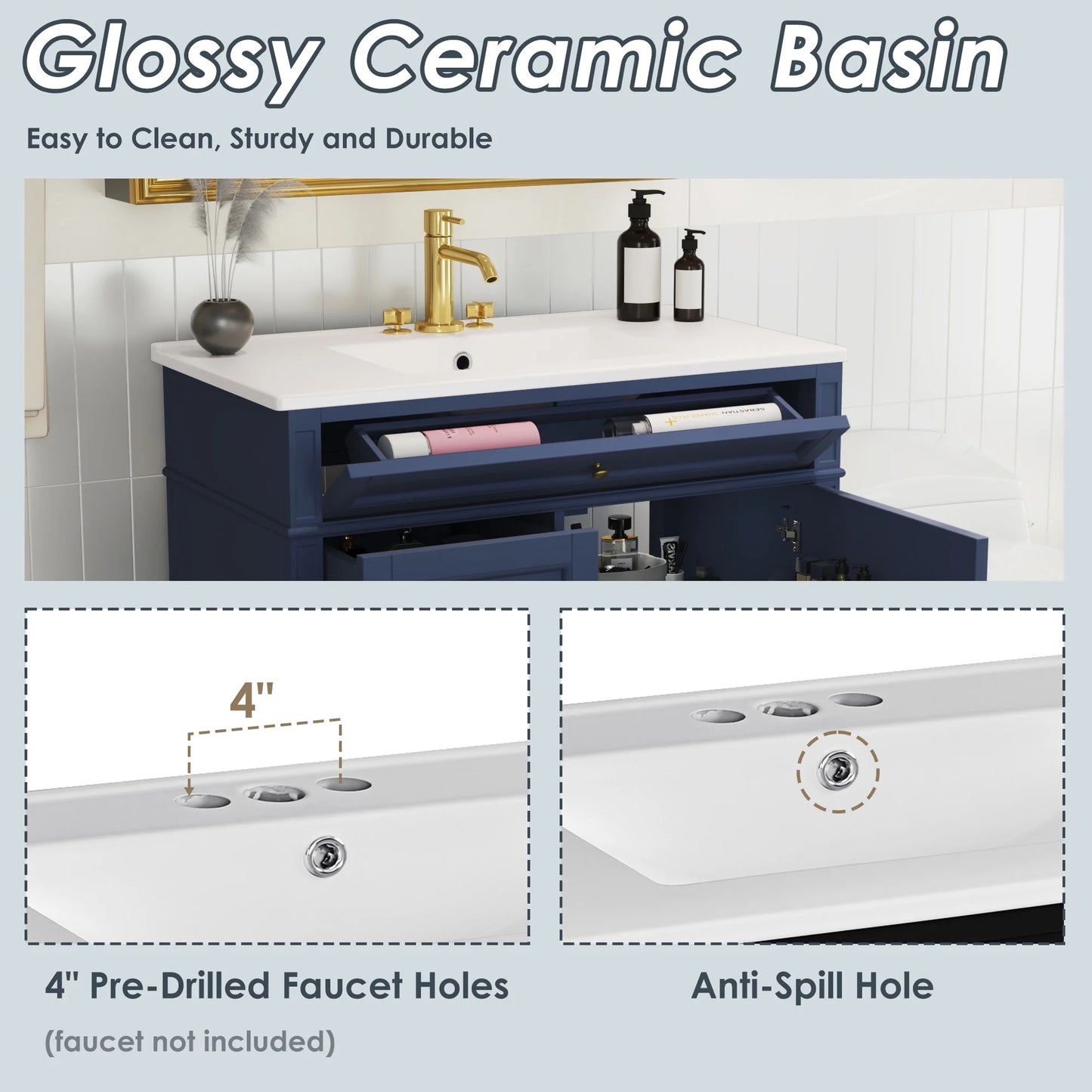 EUROCO 36'' Bathroom Vanity with Sink, Modern Bathroom Storage Cabinet with 2 Drawers and a Tip-out Drawer, Freestanding Bathroom Dresser, Blue