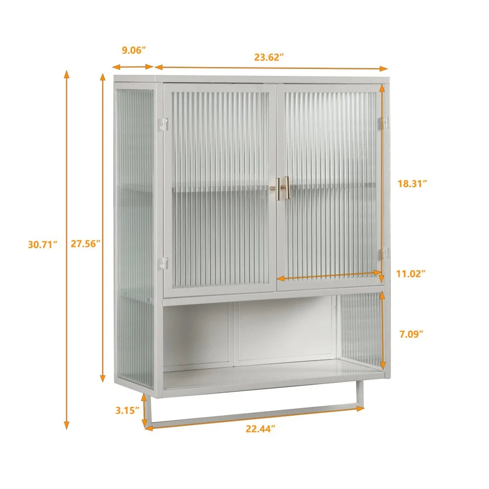 Tcbosik Modern Metal Wall Storage Cabinet with 2 Glass Door and Detachable Shelf, Open Shelf, and Towel Bar, Vintage Cabinet for Kitchen Dining, Bathroom, Living Room, White