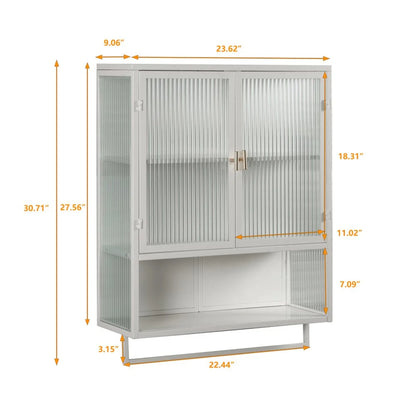 Tcbosik Modern Metal Wall Storage Cabinet with 2 Glass Door and Detachable Shelf, Open Shelf, and Towel Bar, Vintage Cabinet for Kitchen Dining, Bathroom, Living Room, White