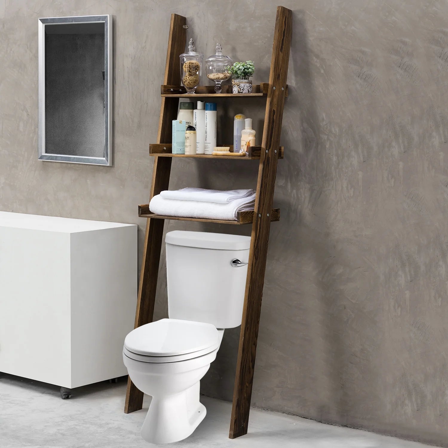 MyGift Wood Over-The-Toilet Leaning Bathroom Ladder Shelf, Dark Brown 3-Tier