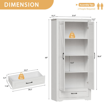 YouTrend 69" Tall Kitchen Pantry,Farmhouse Storage Cabinet with 2 Barn Doors 4 Adjustable Shelves and Large Drawer for Dining Room,Living Room,Bathroom,White