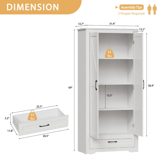 YouTrend 69" Tall Kitchen Pantry,Farmhouse Storage Cabinet with 2 Barn Doors 4 Adjustable Shelves and Large Drawer for Dining Room,Living Room,Bathroom,White