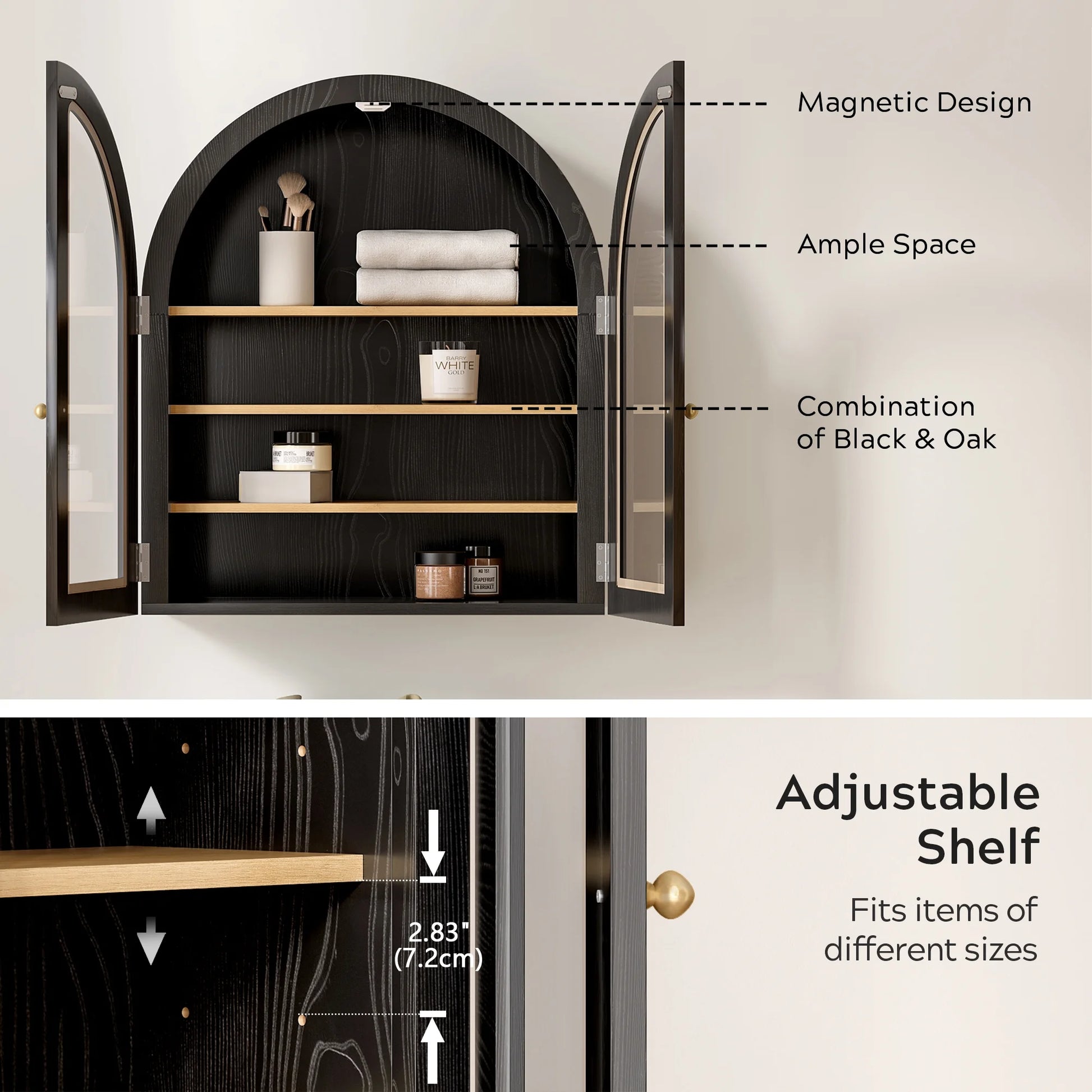 EYYTHUNG Modern Arched Wall Cabinet, Large Medicine Cupboard, Black Cabinet for Bathroom with Adjustable Shelf, Black Oak